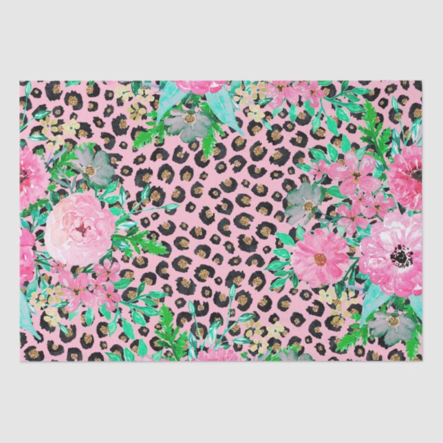 Elegant Pink Leopard Print and Floral Design Tissue Paper (Front)