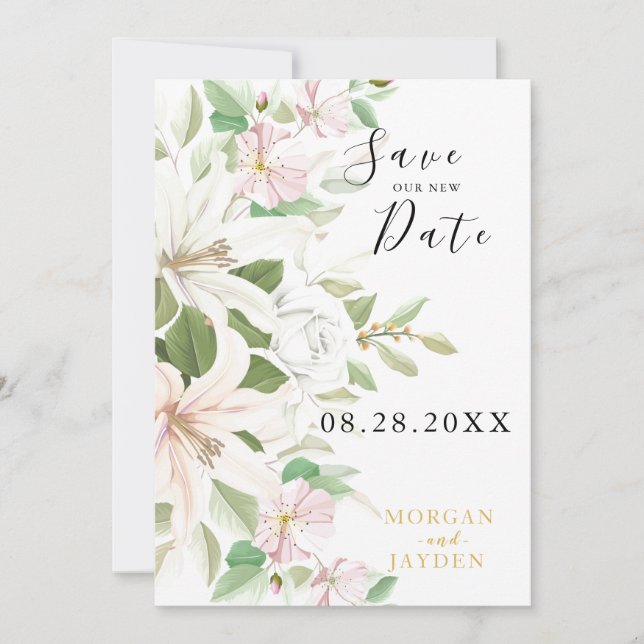 Elegant Pink Lili | Ivory Rose Floral Wedding Save The Date (Front)