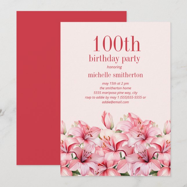 Elegant Pink Lilies 100th Birthday Invitation (Front/Back)
