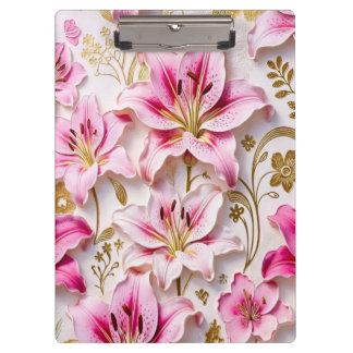 Elegant Pink Lilies with Golden Botanical Accents Clipboard