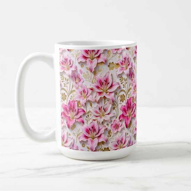 Elegant Pink Lilies with Golden Botanical Accents Coffee Mug (Left)