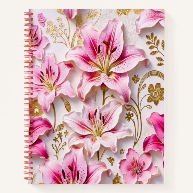 Elegant Pink Lilies with Golden Botanical Accents Notebook (Front)