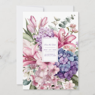 Elegant Pink Lily Blue Hydrangea Watercolor Floral Invitation