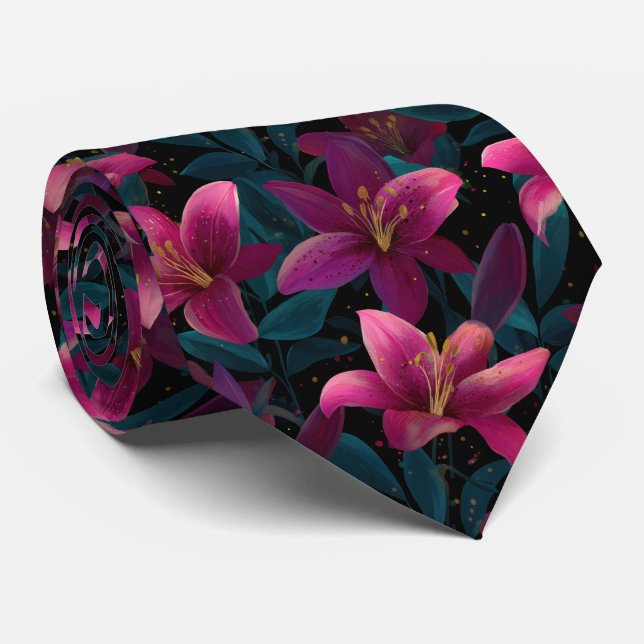 Elegant Pink Lily Floral Pattern on Black Tie (Rolled)