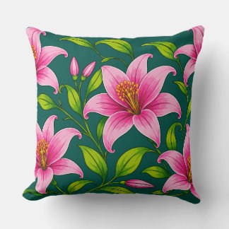 Elegant Pink Lily Floral with Green Foliage Cushion