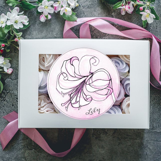     Elegant Pink Lily Watercolor Personalised Name Classic Round Sticker (Creator Uploaded)