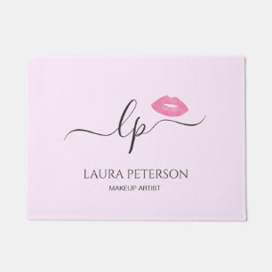 Elegant pink lips handwritten script calligraphy doormat