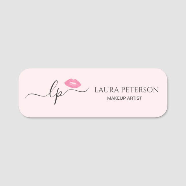 Elegant pink lips handwritten script calligraphy name tag (Front)