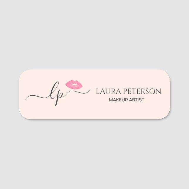 Elegant pink lips handwritten script calligraphy name tag (Front)
