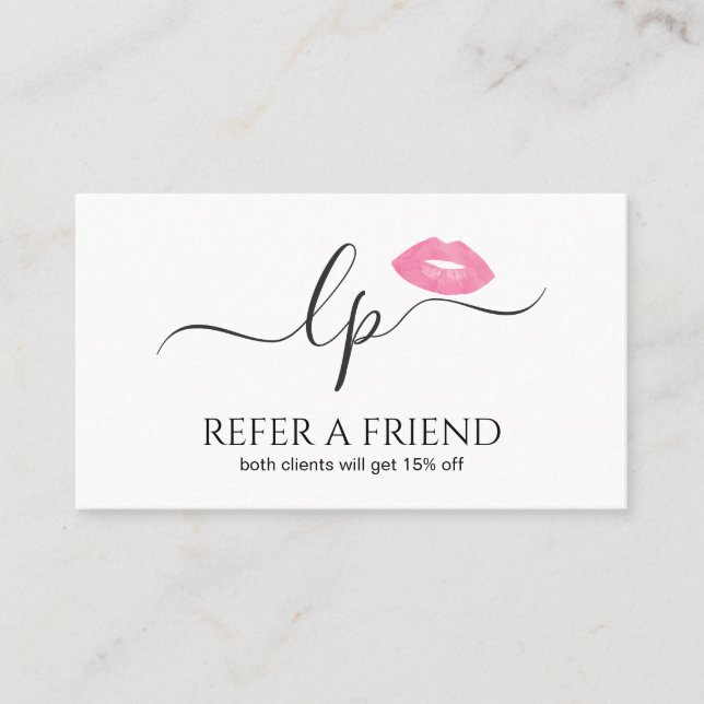 Elegant pink lips handwritten script calligraphy referral card (Front)