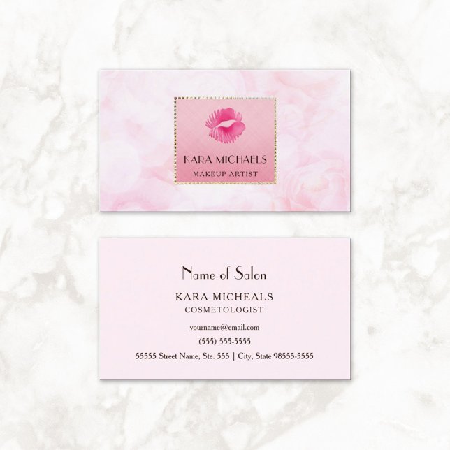 Elegant  Pink Lips Kiss Makeup Artist Rose Floral Business Card (Elegant Pink Lips Kiss Makeup Artist Rose Floral Business Cards)