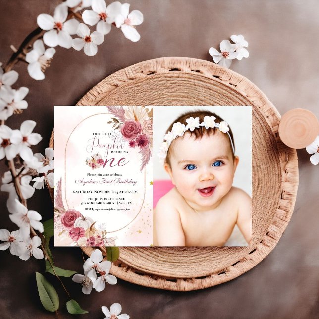 Elegant Pink Little Pumpkin Girl 1st Birthday Invi Invitation (Creator Uploaded)