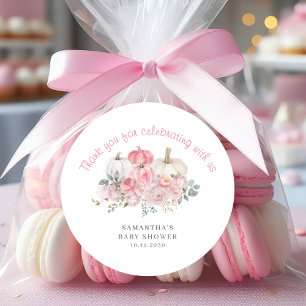 Elegant Pink Little Pumpkin Girl Baby Shower Classic Round Sticker