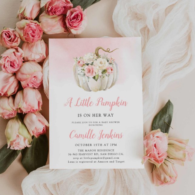 Elegant Pink Little Pumpkin Girl Baby Shower Invitation (A little Pumpkin in on the way Pink baby shower invitation)
