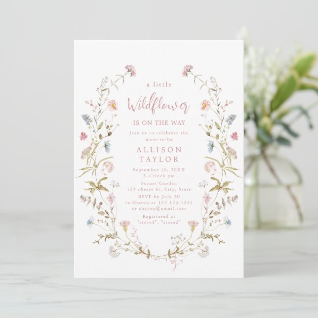 Elegant Pink Little Wildflower Boho Baby Shower Invitation (Standing Front)