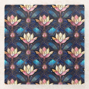 Elegant Pink Lotus Faux Stained Glass Pattern Coaster
