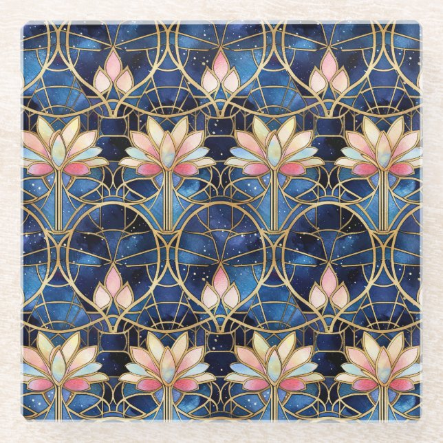 Elegant Pink Lotus Faux Stained Glass Pattern Coaster (Front)