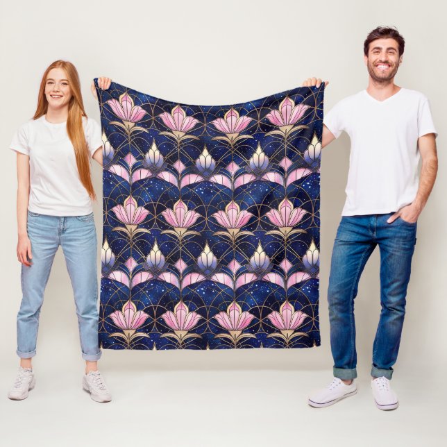 Elegant Pink Lotus Faux Stained Glass Pattern Fleece Blanket (In Situ)