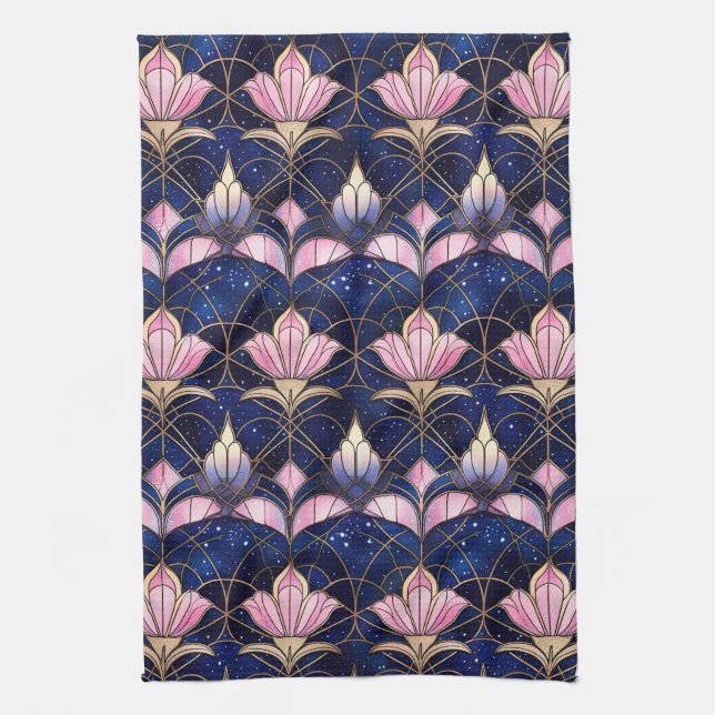 Elegant Pink Lotus Faux Stained Glass Pattern Tea Towel (Vertical)