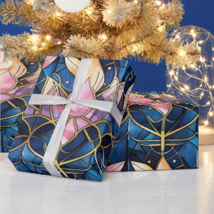 Elegant Pink Lotus Faux Stained Glass Pattern Wrapping Paper