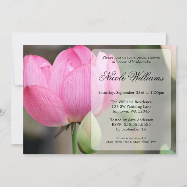 Elegant Pink Lotus Flower Bridal Shower Invitation (Front)