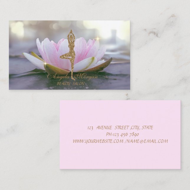 Elegant Pink Lotus Flower Glitter Yoga Girl  Business Card (Front/Back)