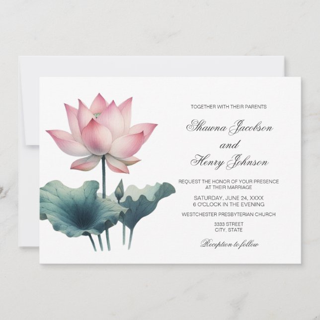 Elegant Pink Lotus Flower Wedding Invitation (Front)