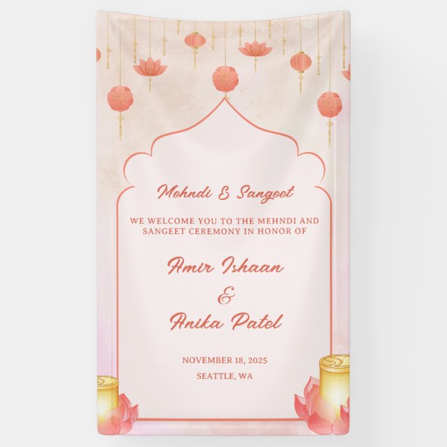 Elegant Pink Lotus Lanterns Mehndi Sangeet Banner (Vertical)