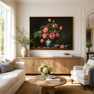 Elegant Pink Lotus Oil Painting in a Blue Vase Poster