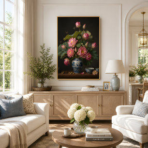 Elegant Pink Lotus Oil Painting in a Blue Vase Poster