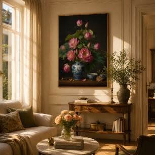 Elegant Pink Lotus Oil Painting in a Blue Vase Poster