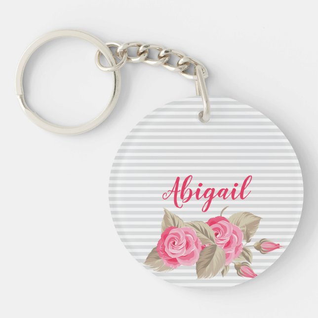 Elegant Pink Lovely & Roses Striped Pattern Key Ring (Front)