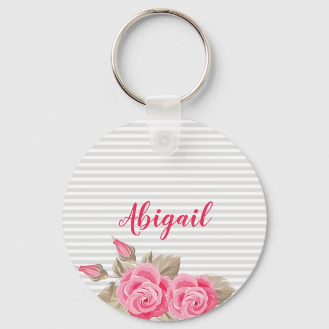 Elegant Pink Lovely & Roses Striped Pattern Key Ring (Front)