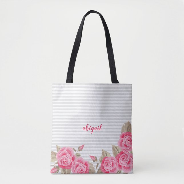 Elegant Pink Lovely & Roses Striped Pattern Tote Bag (Front)