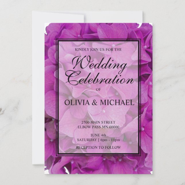 Elegant pink magenta floral hydrangeas roses  invitation (Front)