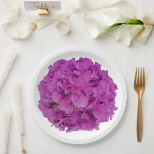 Elegant pink magenta floral hydrangeas roses paper plate