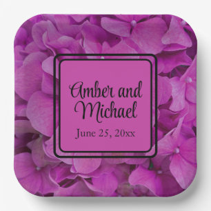 Elegant pink magenta floral hydrangeas roses  paper plate