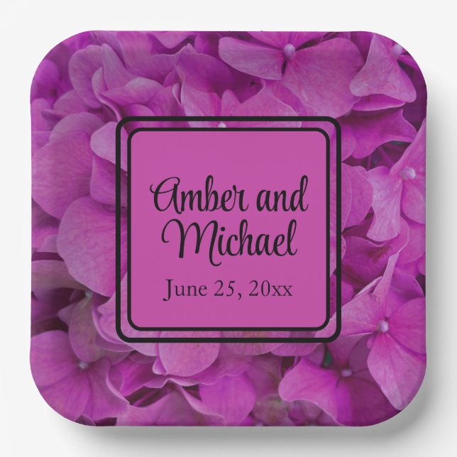 Elegant pink magenta floral hydrangeas roses  paper plate (Front)