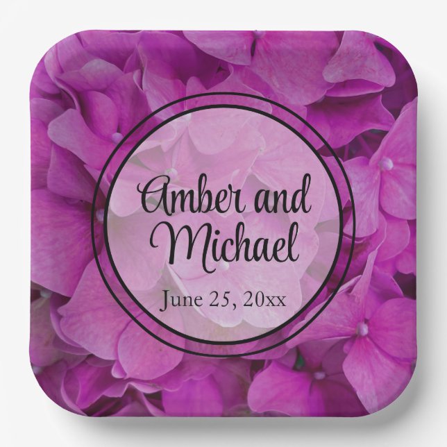 Elegant pink magenta floral hydrangeas roses  paper plate (Front)
