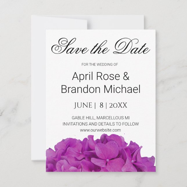 Elegant pink magenta floral hydrangeas roses  save the date (Front)