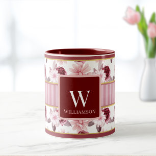 Elegant Pink Magenta Floral Stripe Monogram Custom Mug