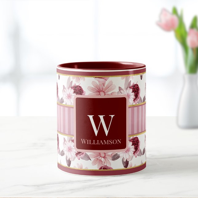 Elegant Pink Magenta Floral Stripe Monogram Custom Mug (Creator Uploaded)