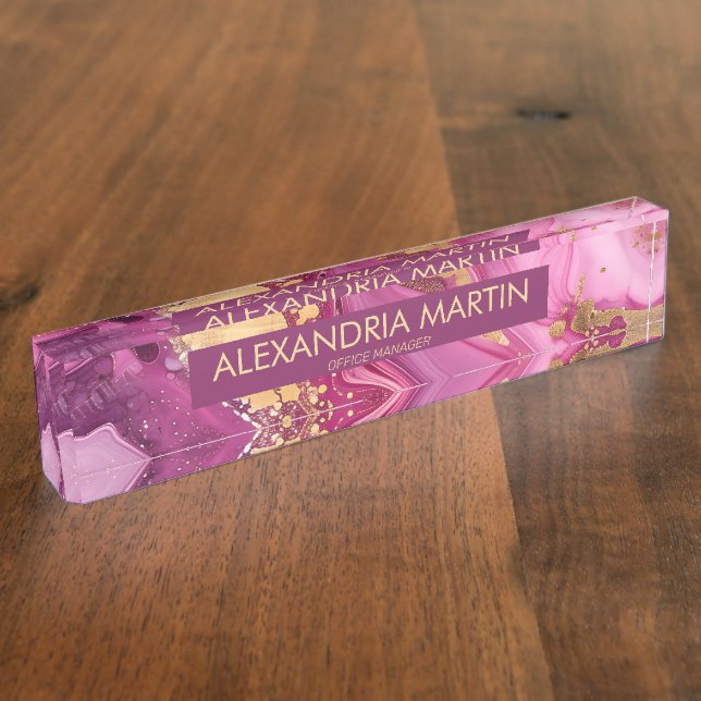 Elegant Pink Magenta Gold Glitter Office Desk Name Nameplate (Side)