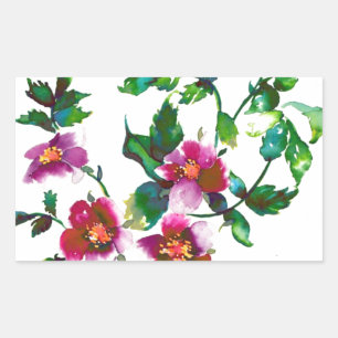 Elegant pink magenta watercolor floral roses rectangular sticker