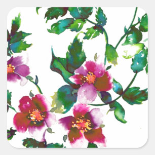 Elegant pink magenta watercolor floral roses square sticker