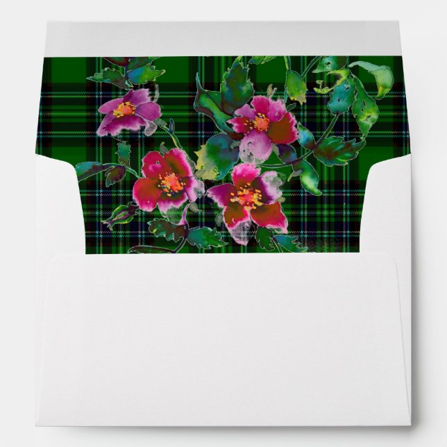 Elegant pink magenta watercolor florals plaid envelope (Back (Bottom))