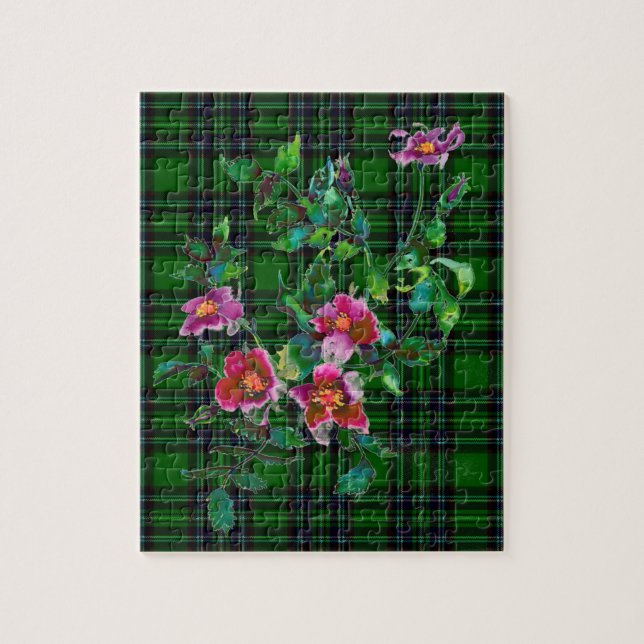 Elegant pink magenta watercolor florals plaid jigsaw puzzle (Vertical)