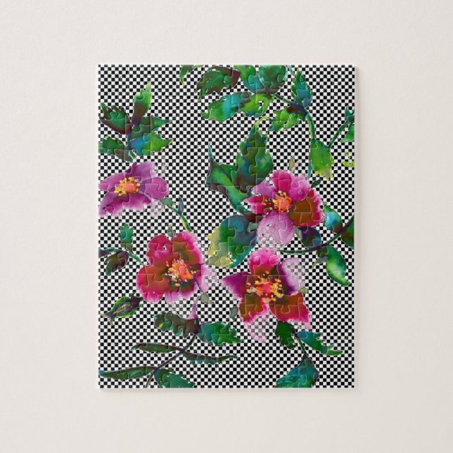 Elegant pink magenta watercolor florals roses jigsaw puzzle (Vertical)