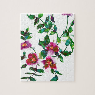 Elegant pink magenta watercolor florals roses jigsaw puzzle