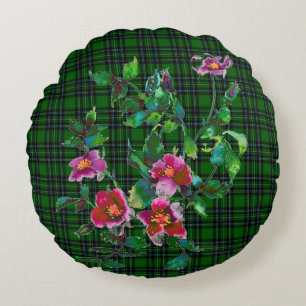 elegant pink magenta watercolor roses green plaid round cushion